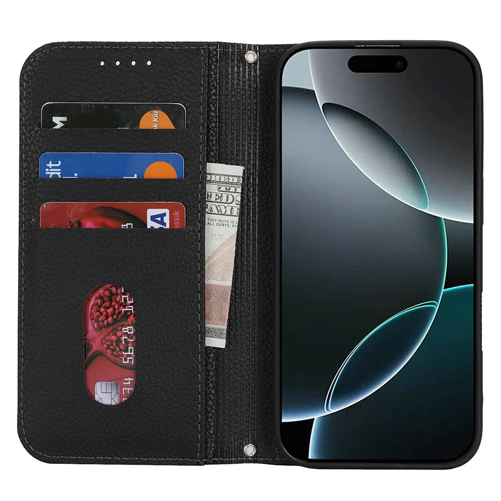 Stand Case for iPhone 16 Pro Max Litchi Texture Leather Flip Phone Cover with Strap  /  Wallet - Black - 2