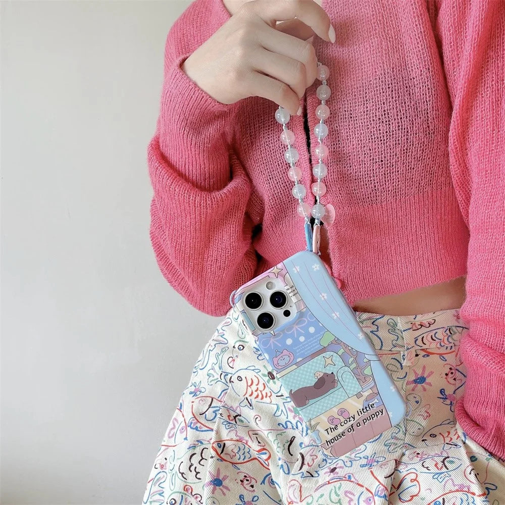 For iPhone 15 Pro Case IMD Cartoon Pattern TPU Phone Cover with Beaded Strap - Dachshund - 2