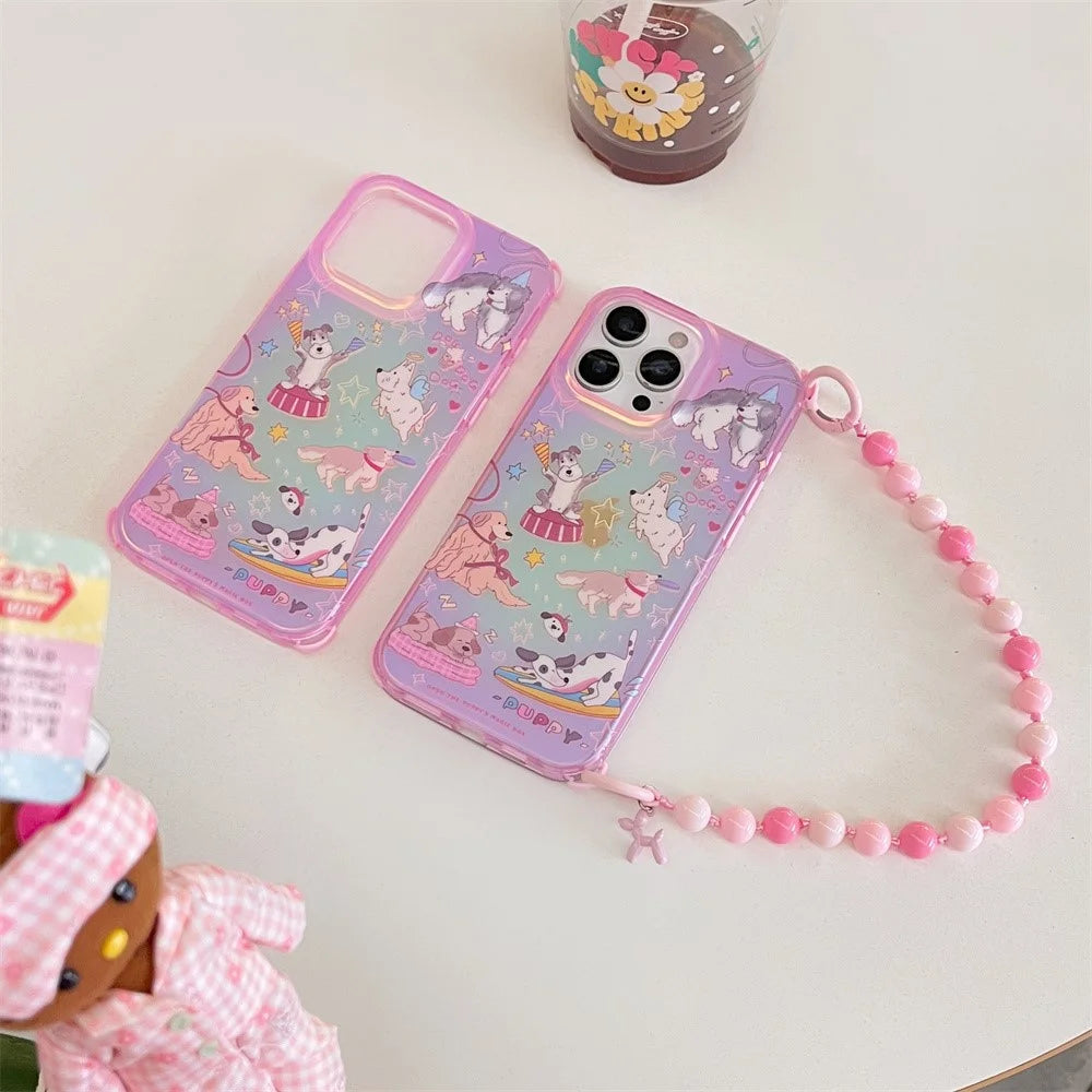 For iPhone 16 Pro Case IMD Cartoon Dogs TPU Phone Cover with Beaded Strap - 2