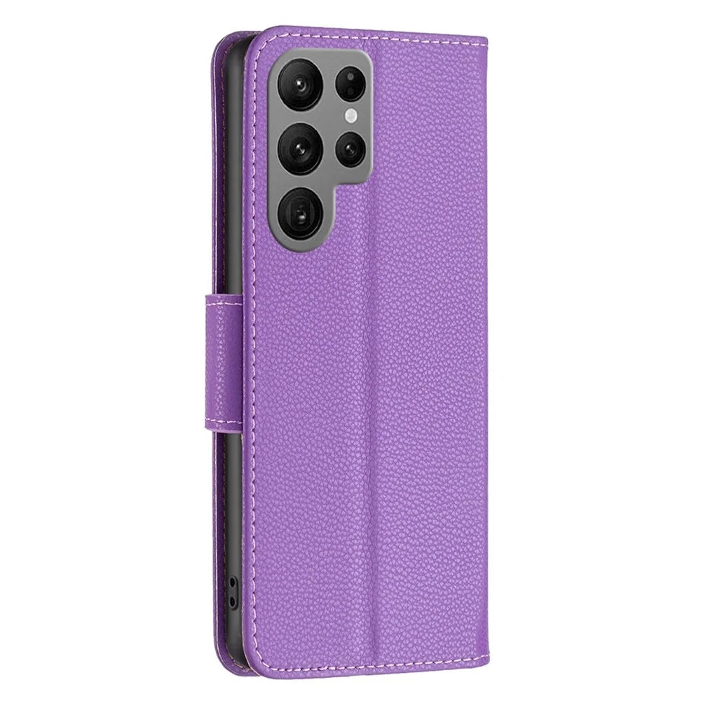 For Samsung Galaxy S23 Ultra Wallet Case Litchi Texture Flip Leather Mobile Cover Stand with Strap - Purple - 7