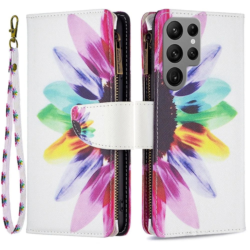 For Samsung Galaxy S23 Ultra Leather Case with Strap Pattern Printing Zipper Wallet Phone Stand Cover - Sunflower - 1
