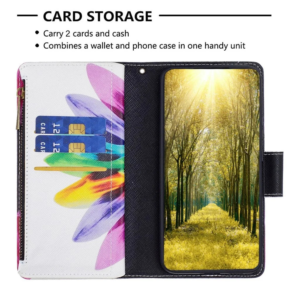 For Samsung Galaxy S23 Ultra Leather Case with Strap Pattern Printing Zipper Wallet Phone Stand Cover - Sunflower - 3