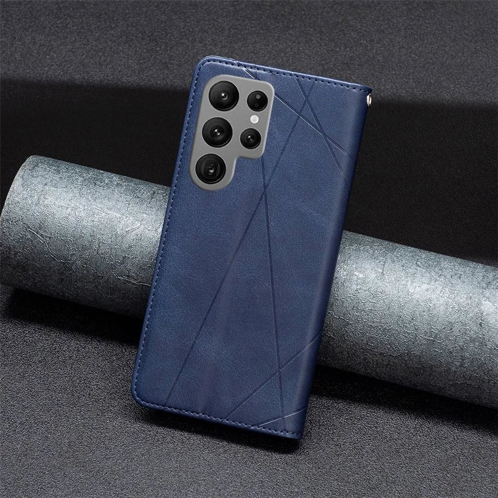 For Samsung Galaxy S23 Ultra Leather Case with Card Holder Imprinting Pattern Phone Stand Cover - Blue - 6