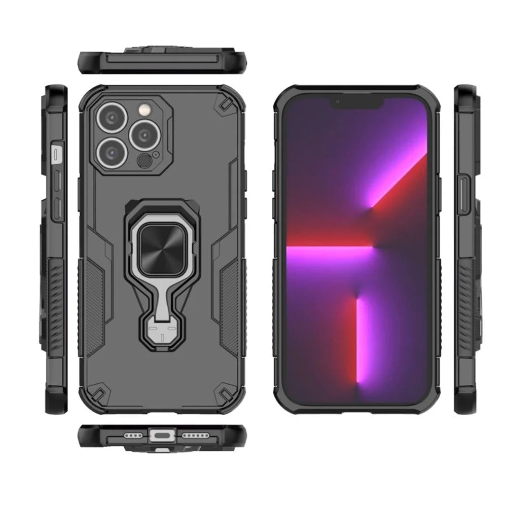 WANLONFENG For iPhone 14 Pro Phone Case  PC TPU Back Cover Kickstand with Tempered Glass - Black - 3