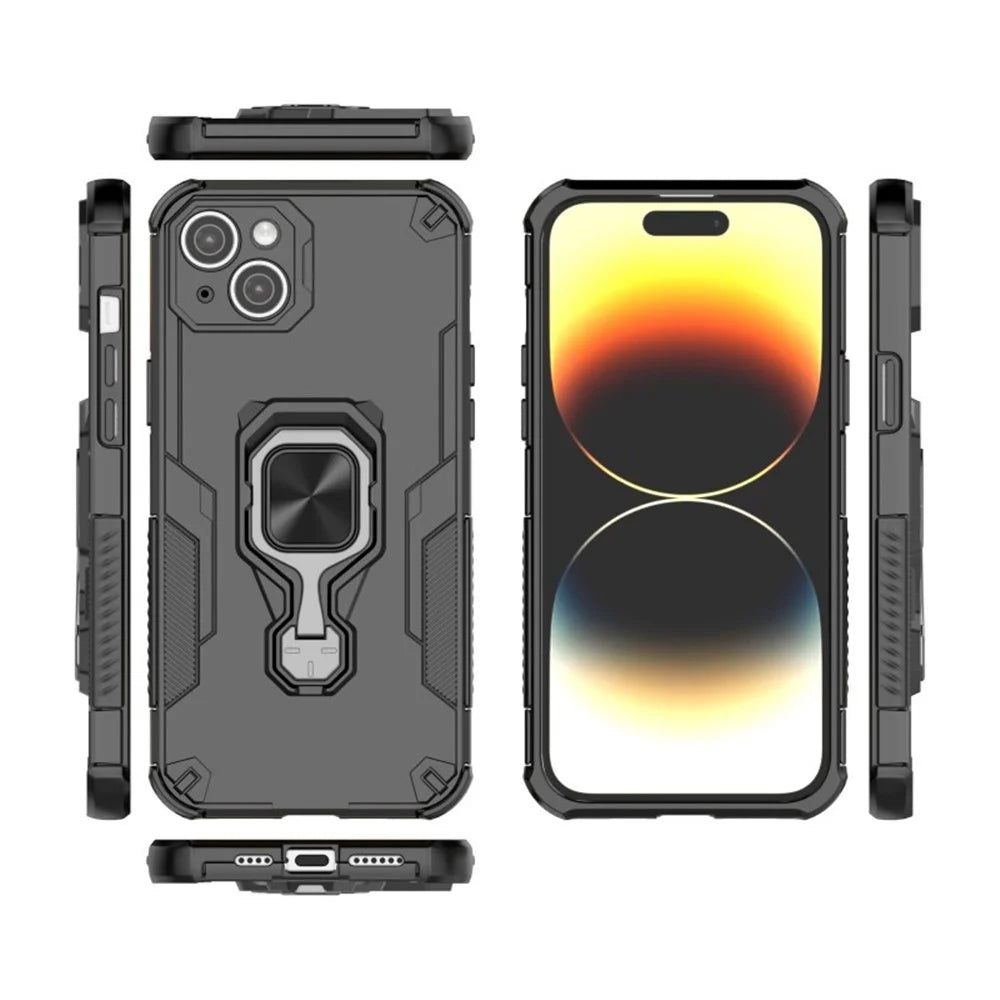 WANLONFENG For iPhone 14 Plus Phone Case  PC TPU Back Cover Kickstand with Tempered Glass - Black - 3