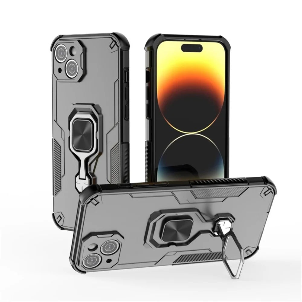 WANLONFENG For iPhone 14 Plus Phone Case  PC TPU Back Cover Kickstand with Tempered Glass - Black - 5