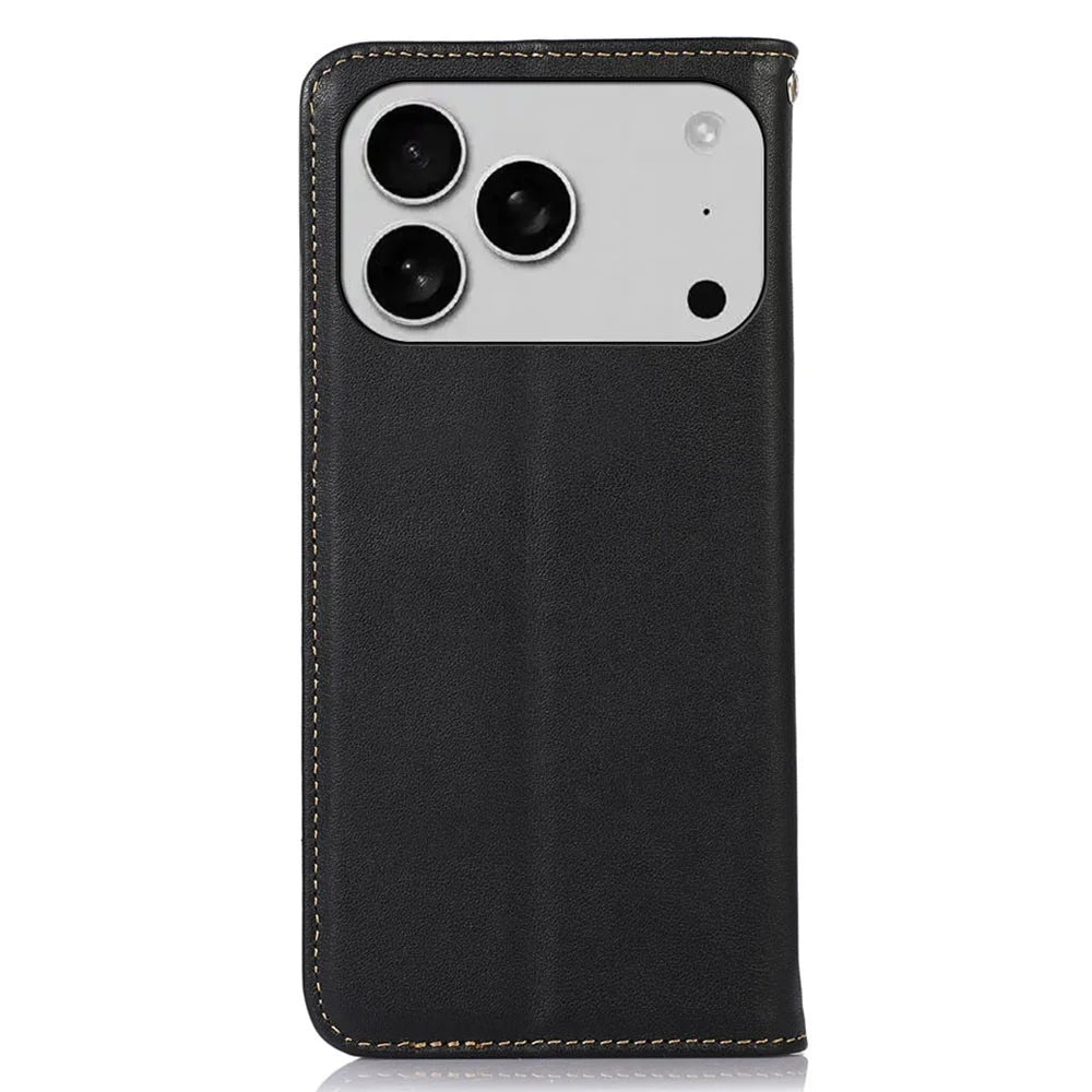 KHAZNEH For iPhone 18 Pro / 17 Pro Case Wallet Genuine Cow Leather Phone Cover Nappa Texture - Black - 7