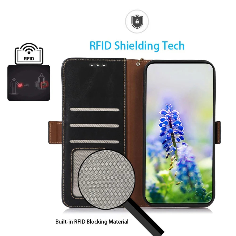 For iPhone 18 Pro / 17 Pro Case RFID Blocking Genuine Cow Leather Wallet Phone Cover - Black - 4