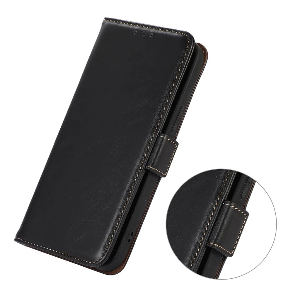 For iPhone 18 Pro / 17 Pro Case RFID Blocking Genuine Cow Leather Wallet Phone Cover - Black - 5