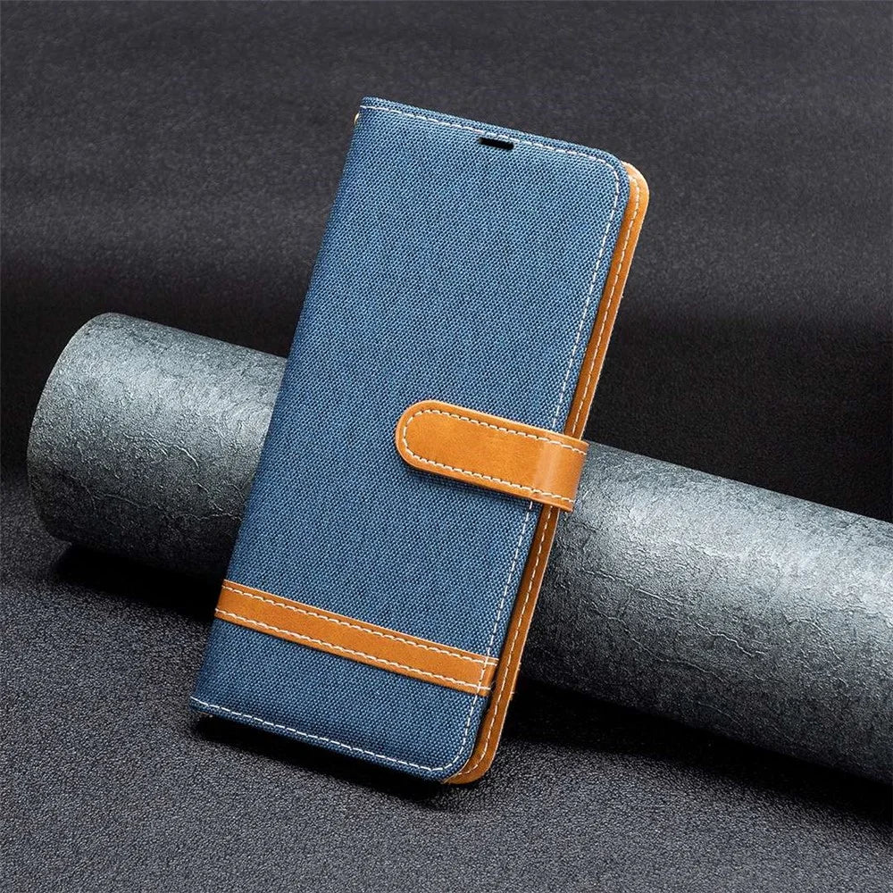 For Samsung Galaxy S23 Shockproof Case Jeans Cloth Texture Leather Wallet Mobile Cover with Stand - Navy Blue - 4