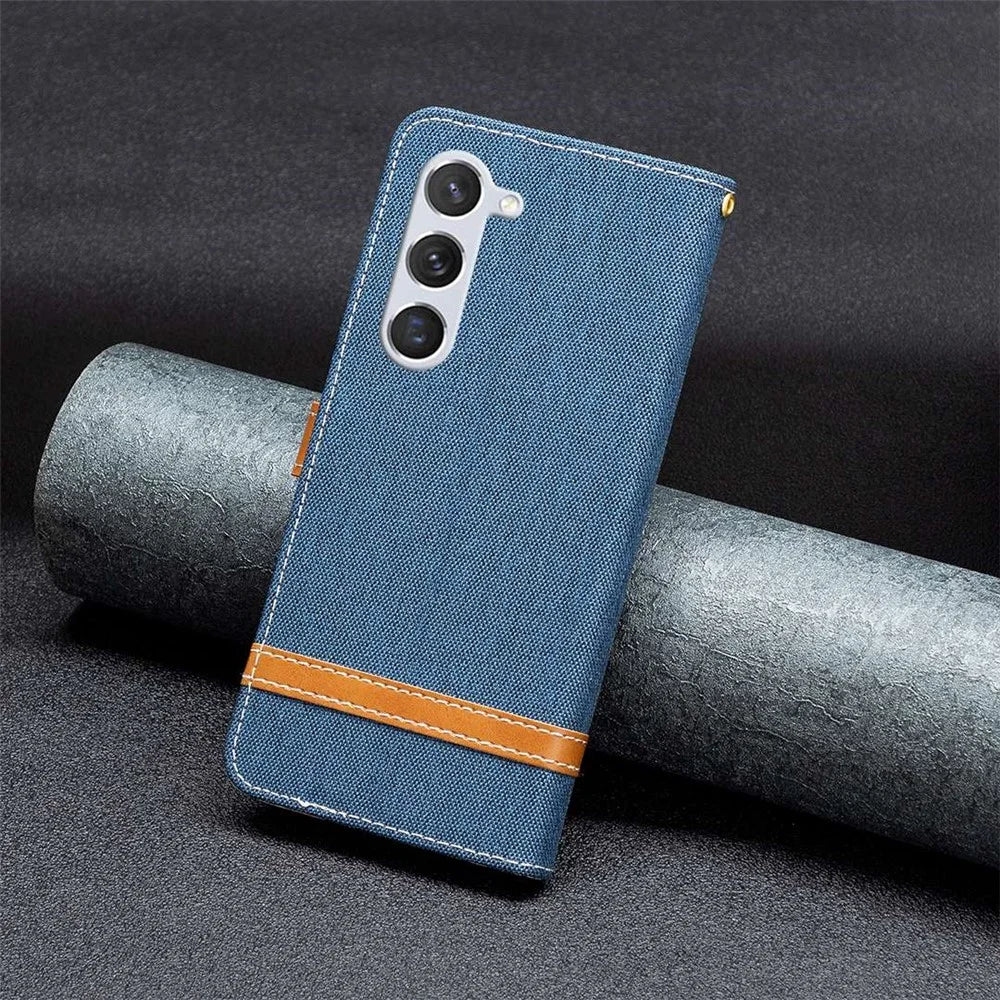For Samsung Galaxy S23 Shockproof Case Jeans Cloth Texture Leather Wallet Mobile Cover with Stand - Navy Blue - 5