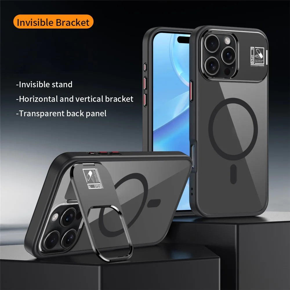 For iPhone 16 Pro Magnetic Case TPU + Acrylic Kickstand Phone Cover with Glass Lens Film - Black - 2