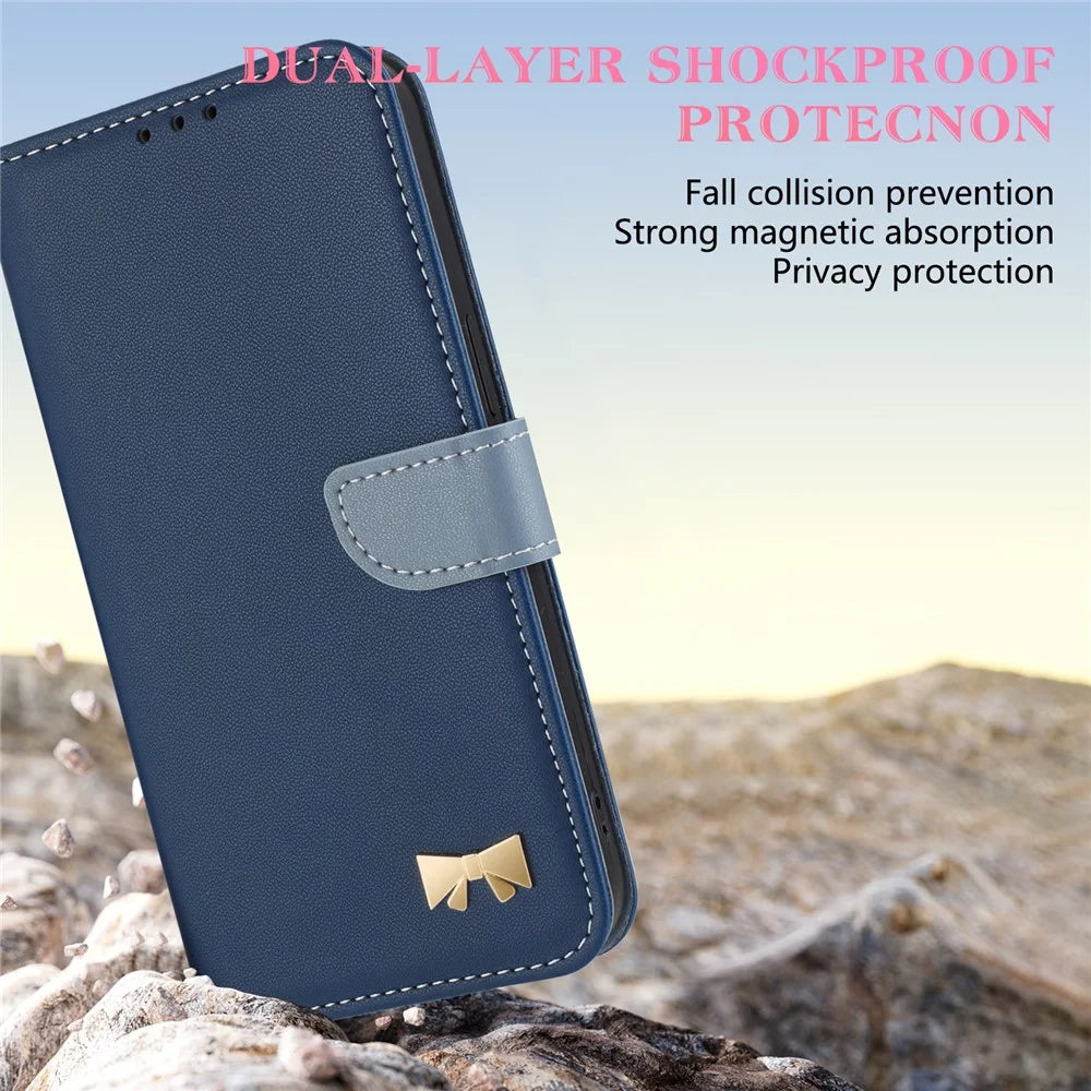 For iPhone 14 / 13 Case Bowknot Decor Wallet Leather Phone Cover with Wrist Strap - Dark Blue - 5