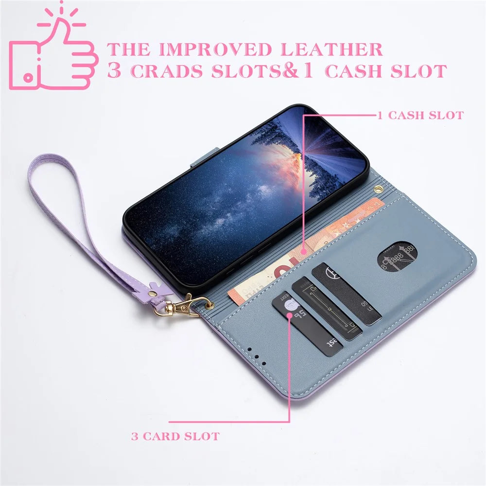 For iPhone 15 Case Bowknot Decor Wallet Leather Phone Cover with Wrist Strap - Purple - 4