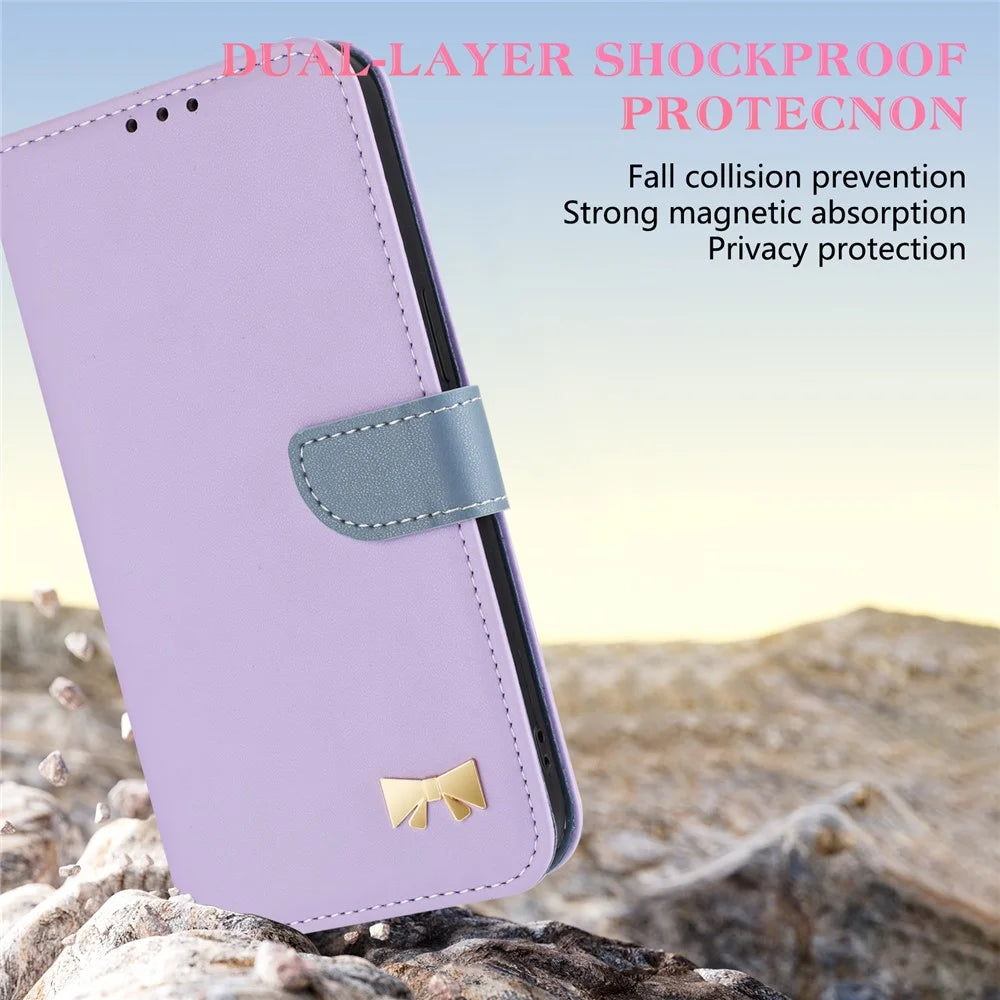 For iPhone 15 Case Bowknot Decor Wallet Leather Phone Cover with Wrist Strap - Purple - 5