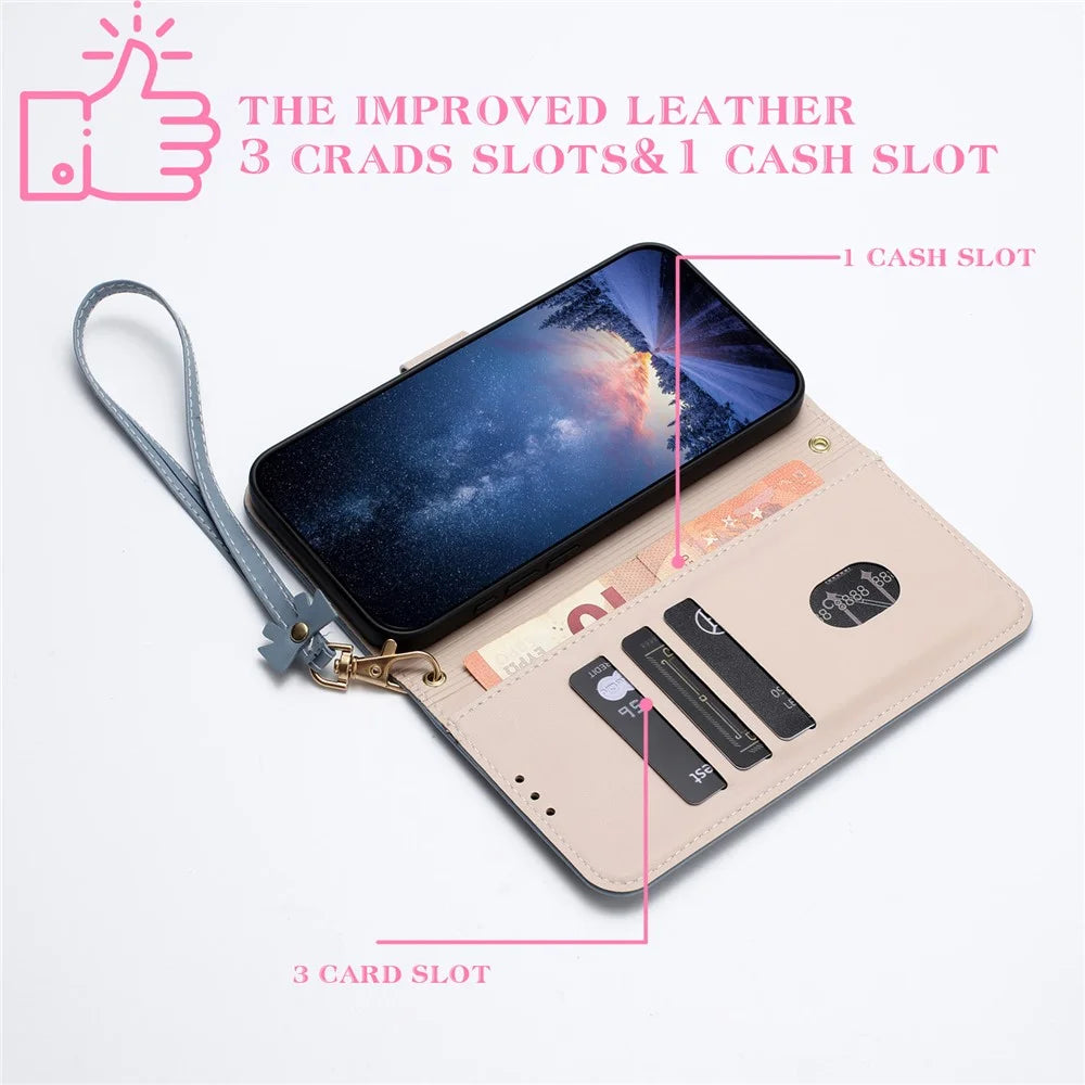 For iPhone 15 Pro Case Bowknot Decor Wallet Leather Phone Cover with Wrist Strap - Baby Blue - 4