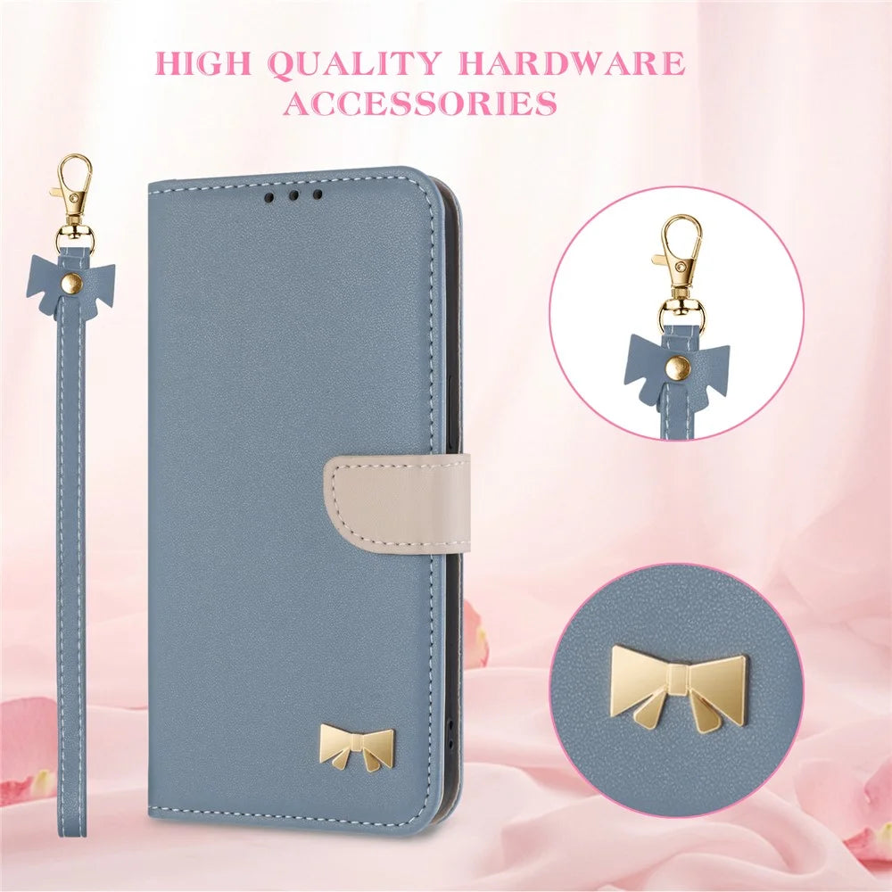 For iPhone 15 Pro Case Bowknot Decor Wallet Leather Phone Cover with Wrist Strap - Baby Blue - 6