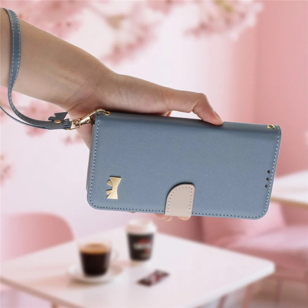 For iPhone 15 Pro Case Bowknot Decor Wallet Leather Phone Cover with Wrist Strap - Baby Blue - 7