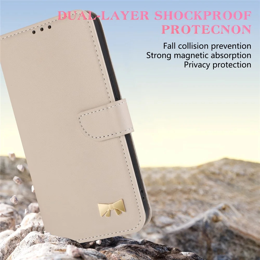For iPhone 15 Pro Max Case Bowknot Decor Wallet Leather Phone Cover with Wrist Strap - Khaki - 5