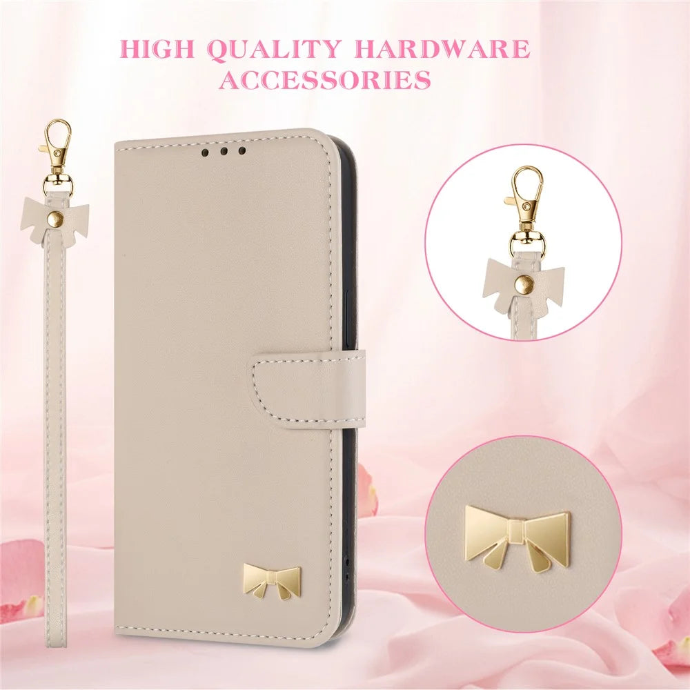 For iPhone 15 Pro Max Case Bowknot Decor Wallet Leather Phone Cover with Wrist Strap - Khaki - 6