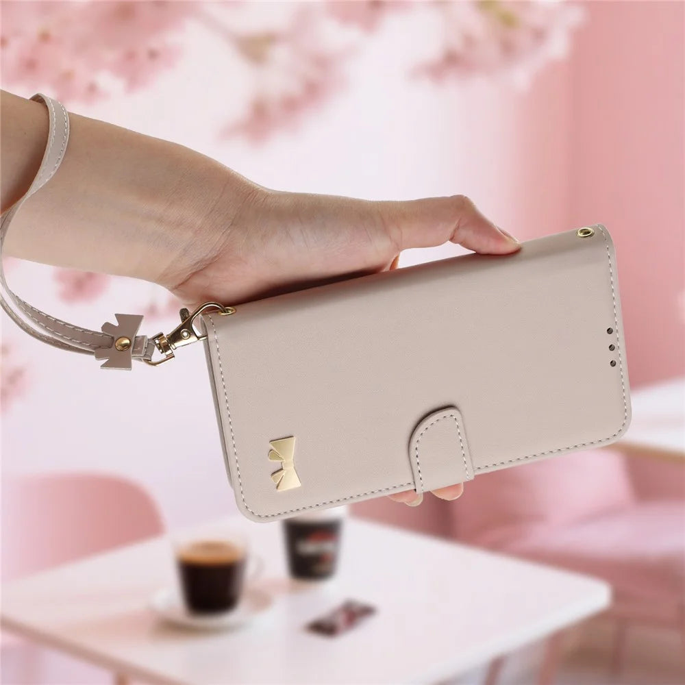 For iPhone 15 Pro Max Case Bowknot Decor Wallet Leather Phone Cover with Wrist Strap - Khaki - 7