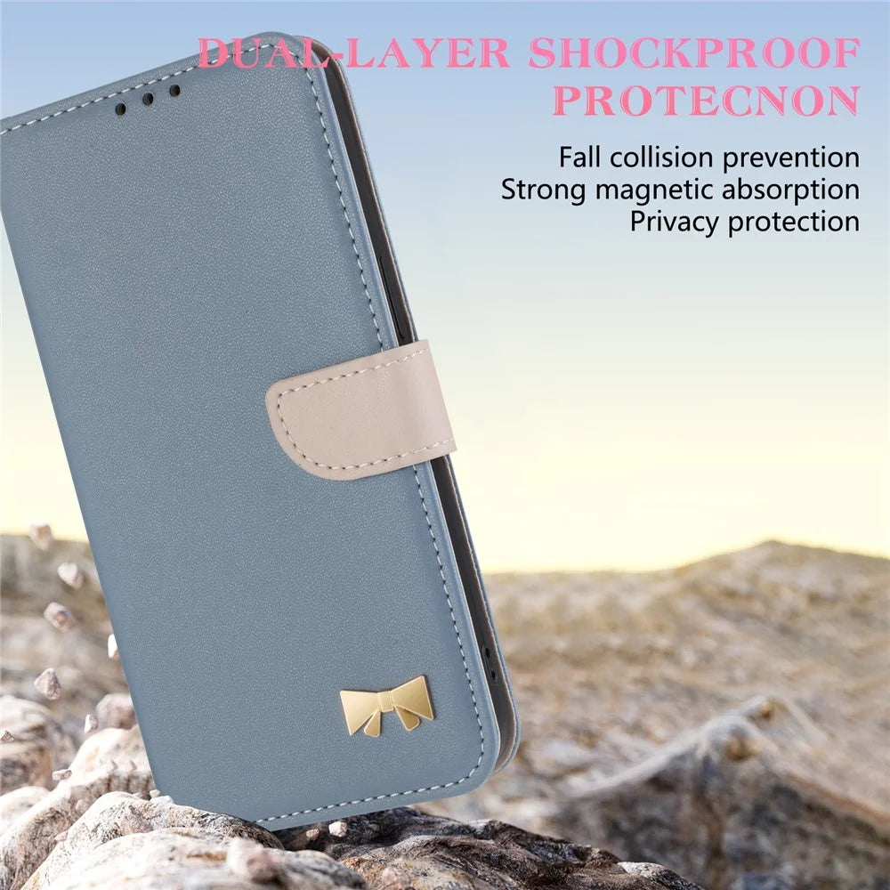 For Samsung Galaxy A26 5G Case Bowknot Decor Wallet Leather Phone Cover with Wrist Strap - Baby Blue - 5