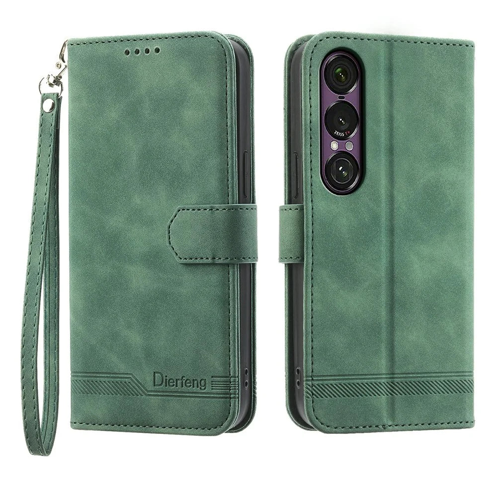 DIERFENG DF-03 For Sony Xperia 1 VII Case Lines Imprint Wallet Leather Phone Cover - Green - 1