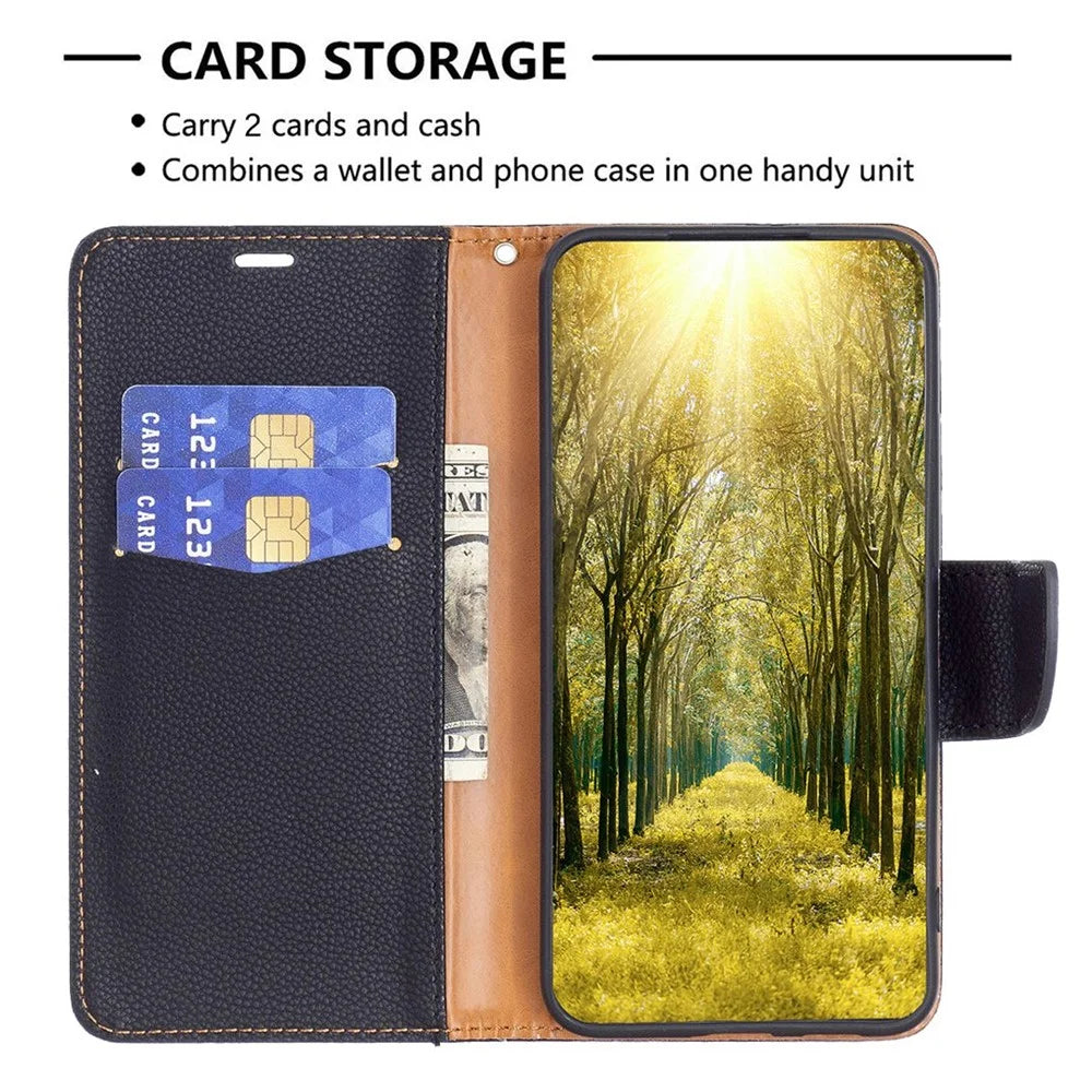 For Samsung Galaxy A14 5G / A14 4G Wallet Case Litchi Texture Flip Leather Mobile Cover Stand with Strap - Black - 3