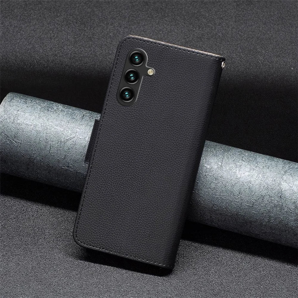 For Samsung Galaxy A14 5G / A14 4G Wallet Case Litchi Texture Flip Leather Mobile Cover Stand with Strap - Black - 5