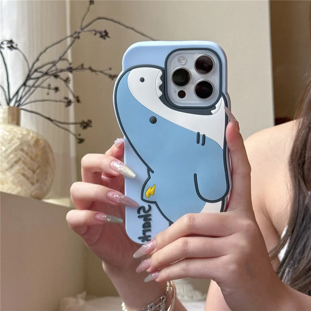 For iPhone 16 Pro Max Silicone Case Cute Shark Design Shockproof Phone Back Cover - 3