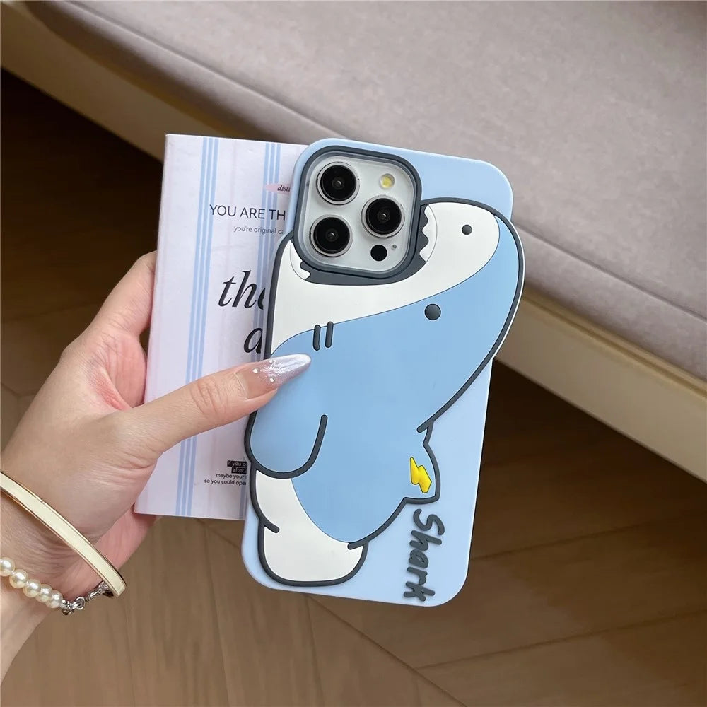 For iPhone 16 Pro Max Silicone Case Cute Shark Design Shockproof Phone Back Cover - 6