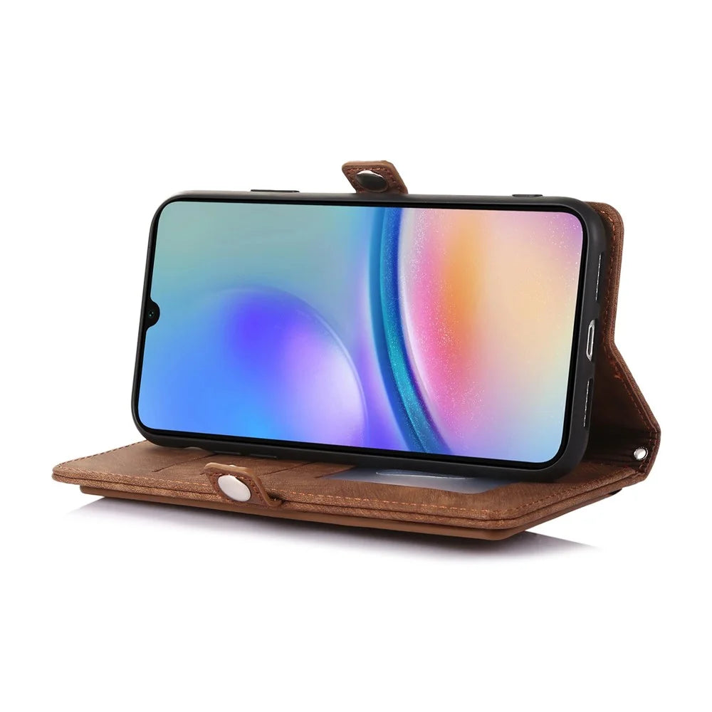 For Samsung Galaxy A35 5G Case Zipper Pocket 9 Card Slots PU Leather Phone Cover with Wrist Strap - Brown - 3