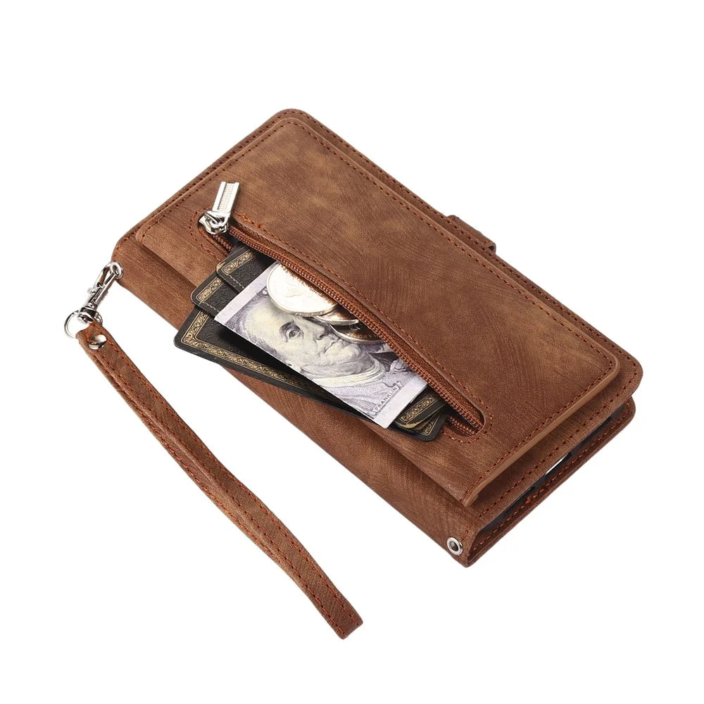 For Samsung Galaxy A35 5G Case Zipper Pocket 9 Card Slots PU Leather Phone Cover with Wrist Strap - Brown - 7
