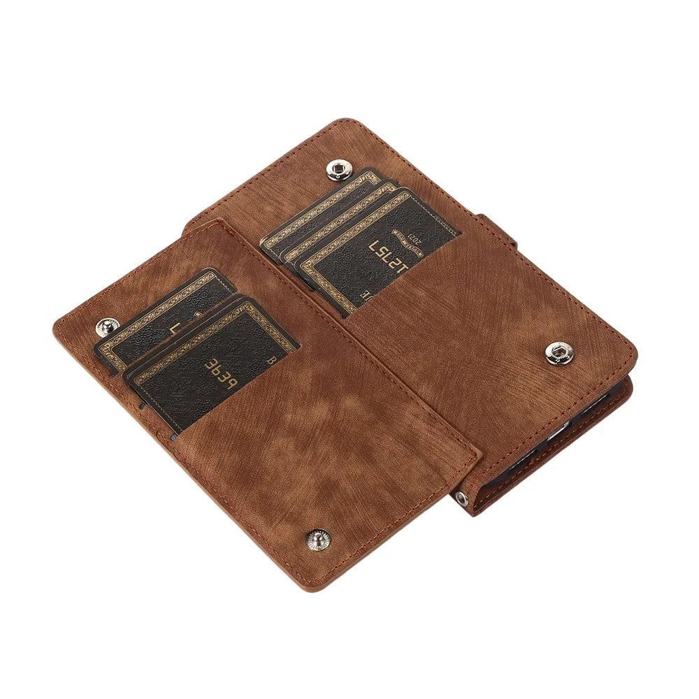 For Samsung Galaxy A55 5G Case Zipper Pocket 9 Card Slots PU Leather Phone Cover with Wrist Strap - Brown - 5