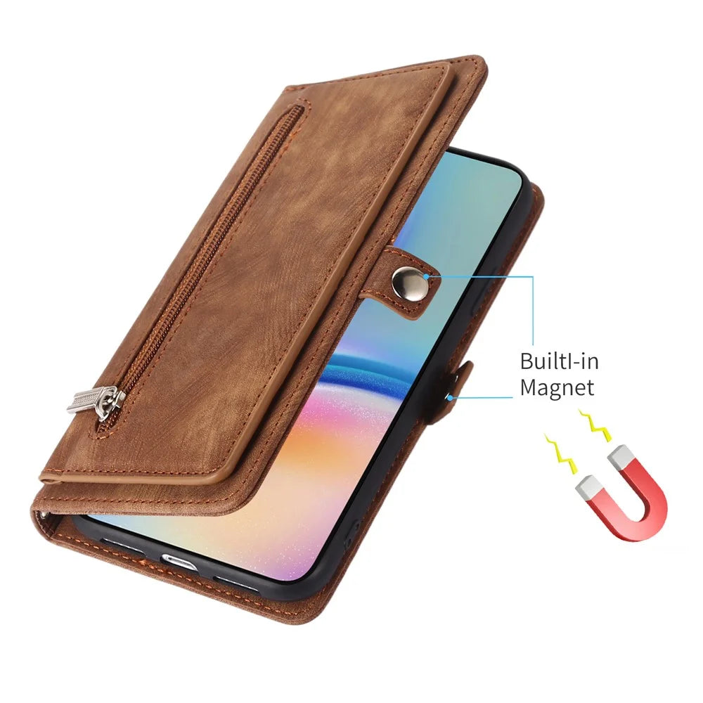 For Samsung Galaxy A55 5G Case Zipper Pocket 9 Card Slots PU Leather Phone Cover with Wrist Strap - Brown - 6
