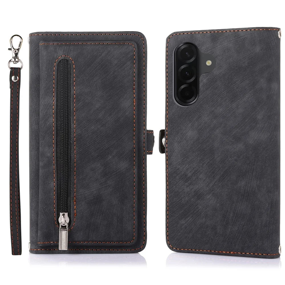 For Samsung Galaxy A36 5G Case Zipper Pocket 9 Card Slots PU Leather Phone Cover with Wrist Strap - Black - 1