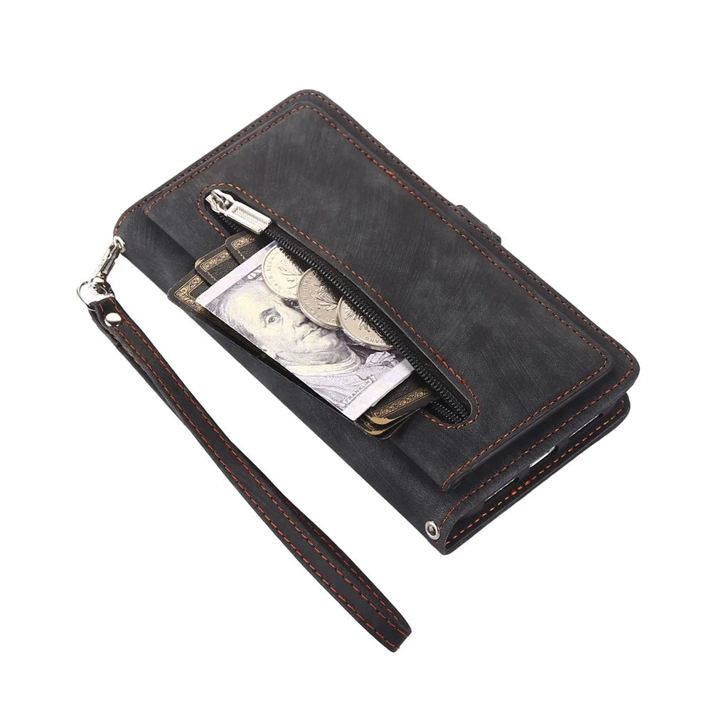 For Samsung Galaxy A56 5G Case Zipper Pocket 9 Card Slots PU Leather Phone Cover with Wrist Strap - Black - 7