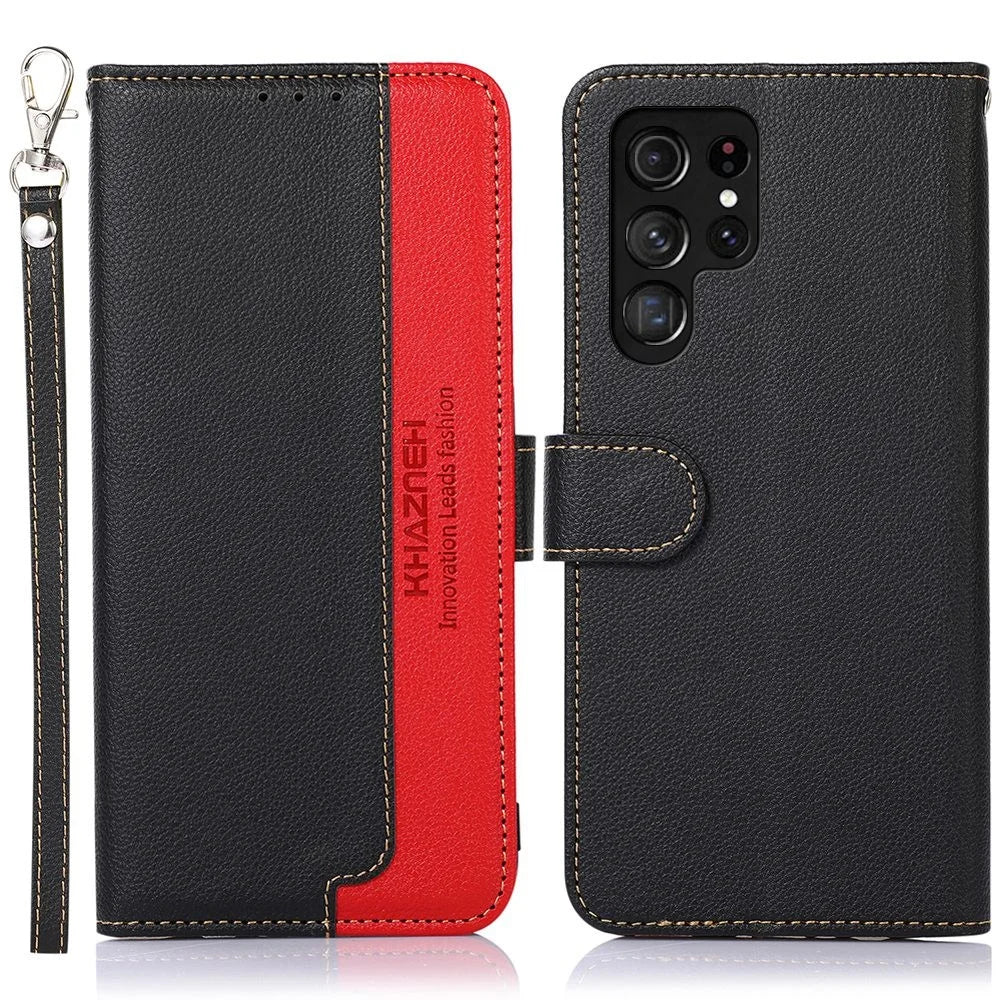 KHAZNEH For Samsung Galaxy S23 Ultra RFID Blocking Litchi Texture Drop-proof Case PU Leather Phone Stand Wallet Cover - Black - 1