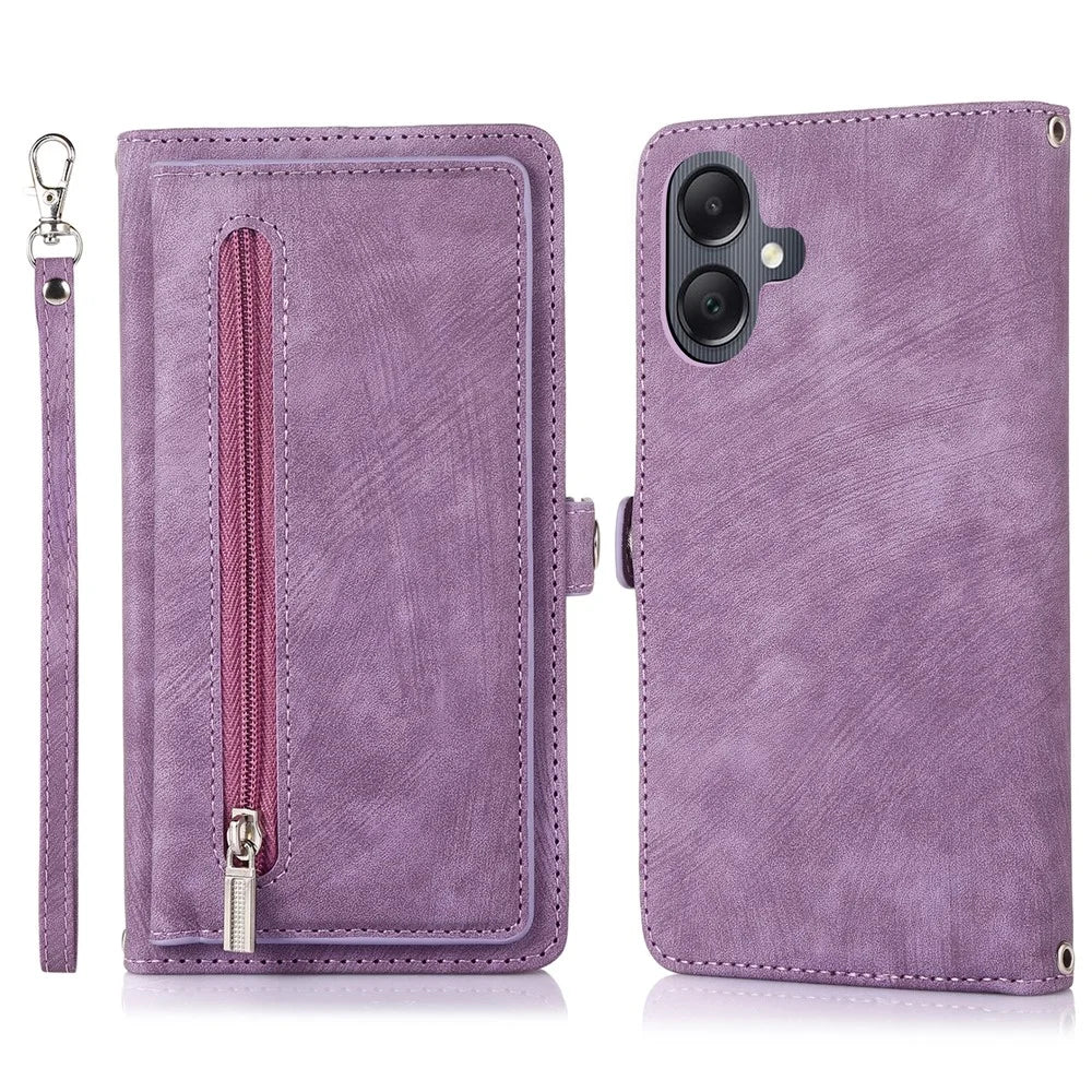 For Samsung Galaxy  A06 4G / 5G Case Zipper Pocket 9 Card Slots PU Leather Phone Cover with Wrist Strap - Purple - 1