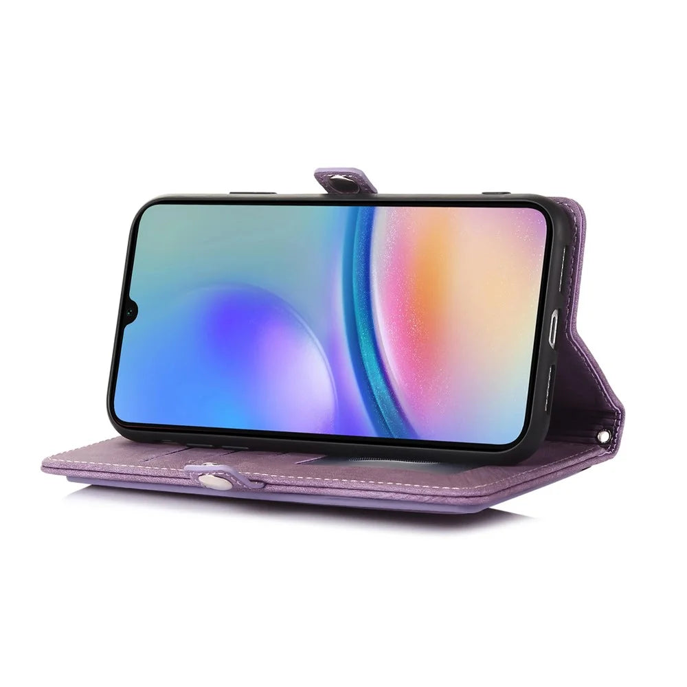 For Samsung Galaxy  A06 4G / 5G Case Zipper Pocket 9 Card Slots PU Leather Phone Cover with Wrist Strap - Purple - 3