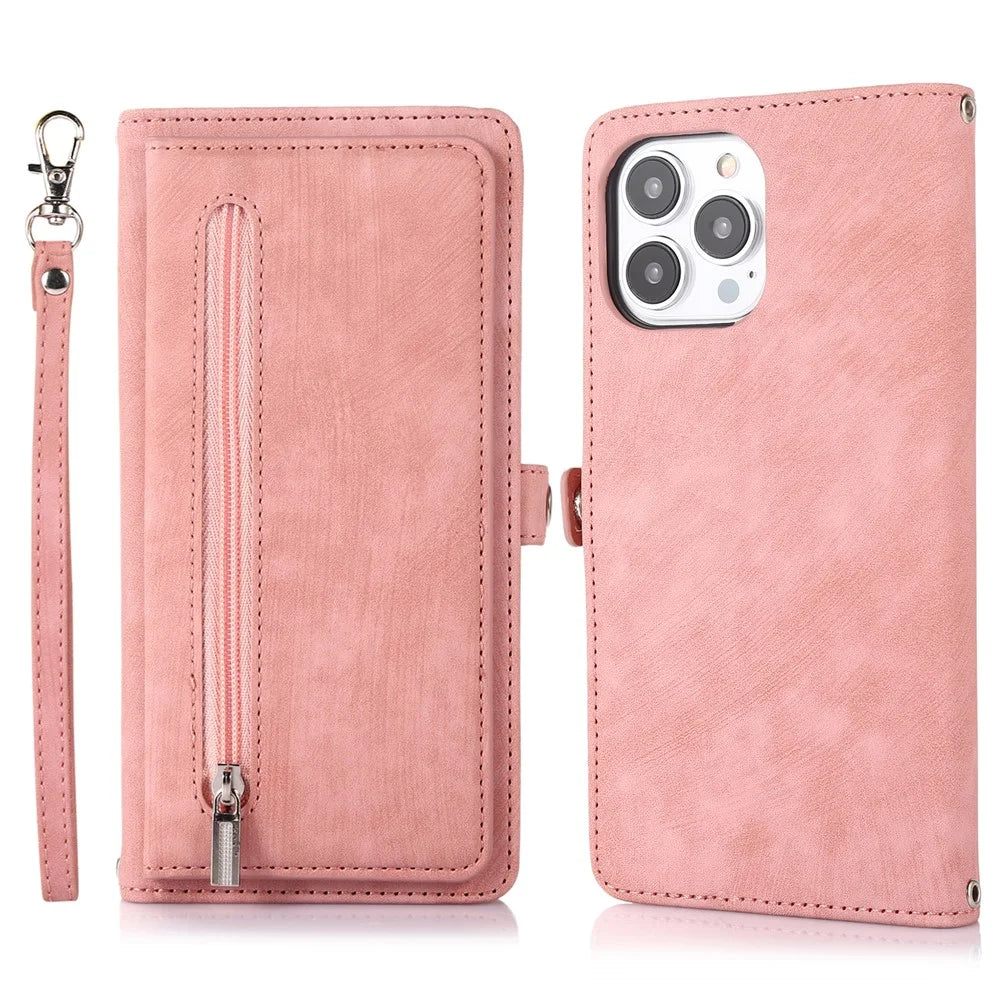 For iPhone 16 Pro Max Case Zipper Pocket 9 Card Slots PU Leather Phone Cover with Wrist Strap - Rose Gold - 1