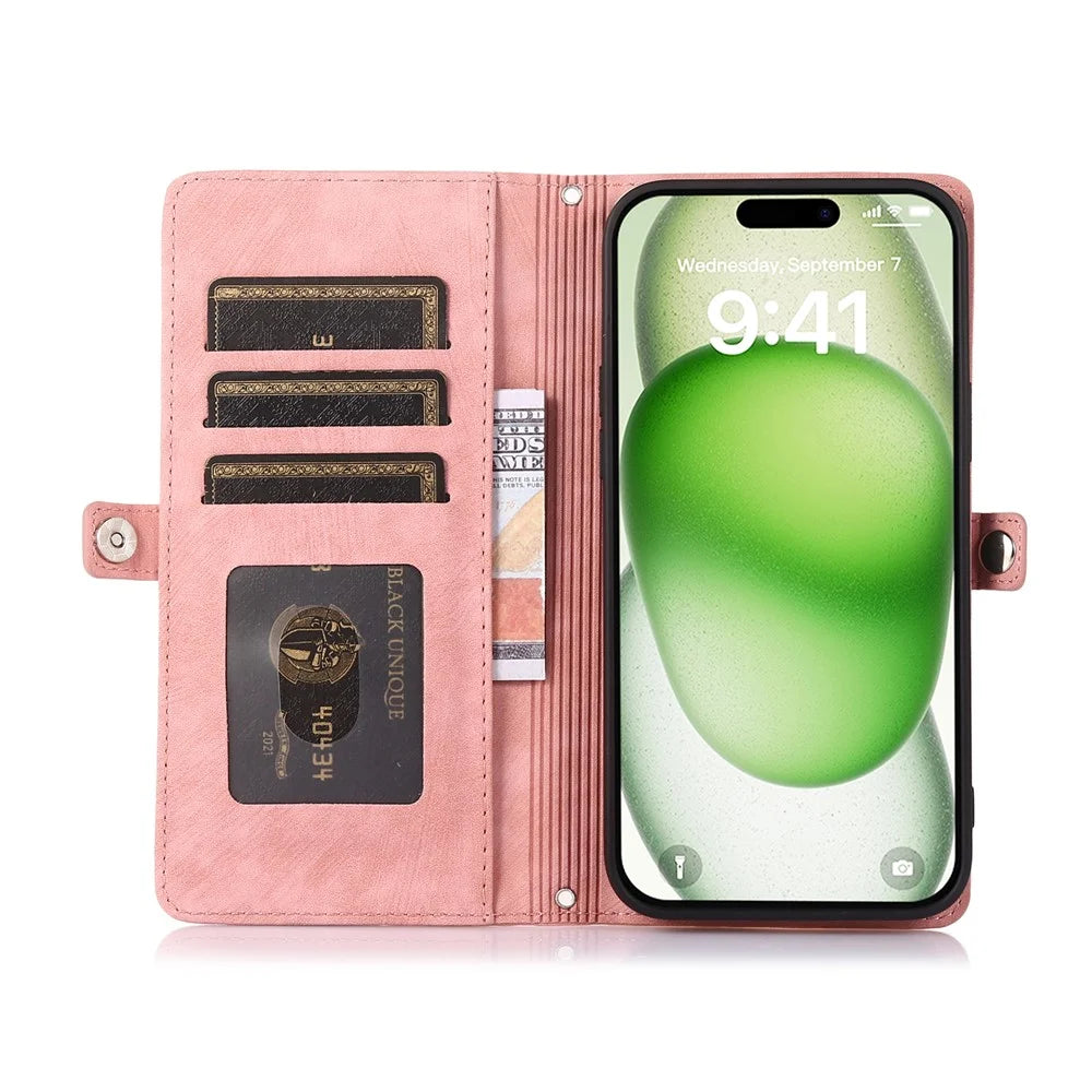 For iPhone 16 Pro Max Case Zipper Pocket 9 Card Slots PU Leather Phone Cover with Wrist Strap - Rose Gold - 2