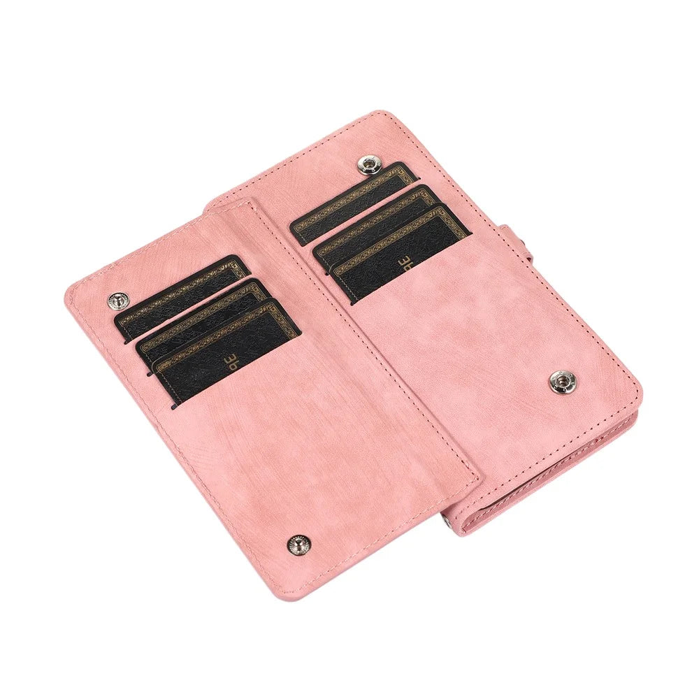 For iPhone 16 Pro Max Case Zipper Pocket 9 Card Slots PU Leather Phone Cover with Wrist Strap - Rose Gold - 5