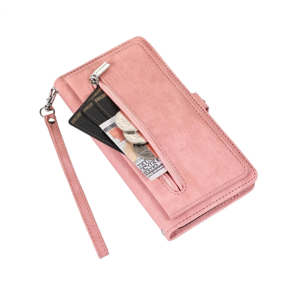For iPhone 16 Pro Max Case Zipper Pocket 9 Card Slots PU Leather Phone Cover with Wrist Strap - Rose Gold - 7