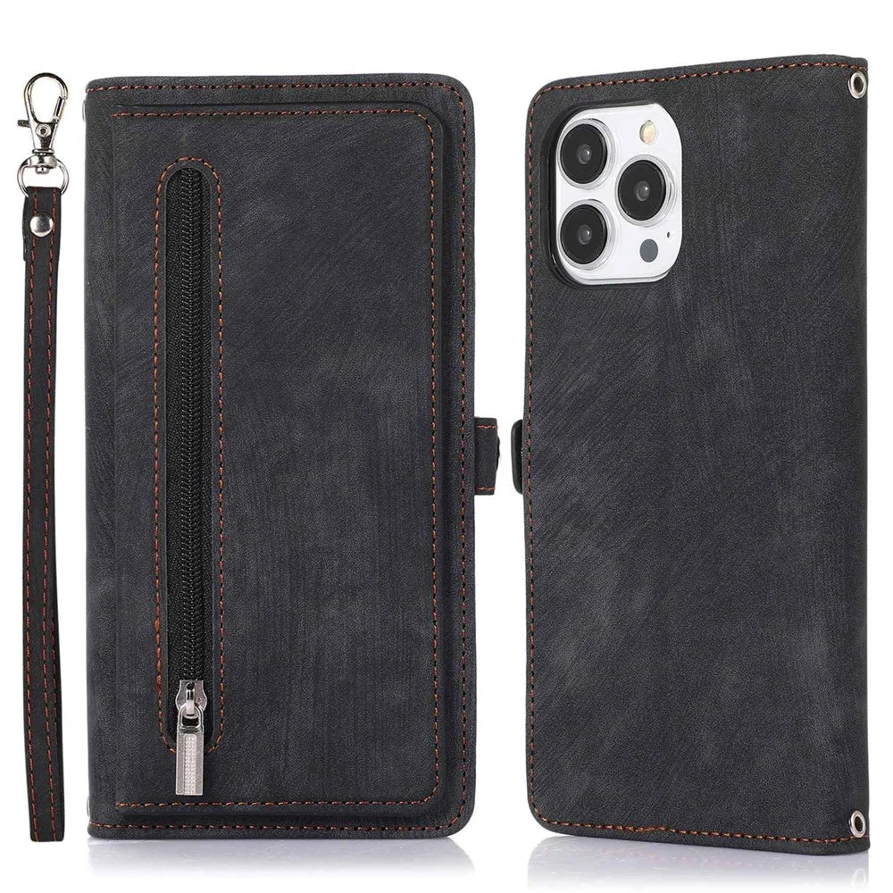 For iPhone 15 Pro Max Case Zipper Pocket 9 Card Slots PU Leather Phone Cover with Wrist Strap - Black - 1