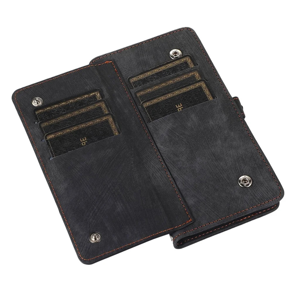 For iPhone 15 Pro Max Case Zipper Pocket 9 Card Slots PU Leather Phone Cover with Wrist Strap - Black - 6
