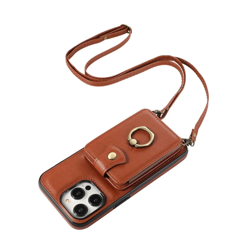 For iPhone 15 Pro Max Case Card Holder Ring Kickstand TPU + PU Leather Phone Cover with Long Strap - Brown - 5