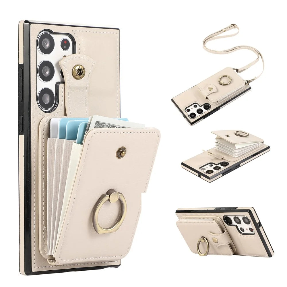 For Samsung Galaxy S25 Ultra Case Card Holder Ring Kickstand TPU + PU Leather Phone Cover with Long Strap - Beige - 1