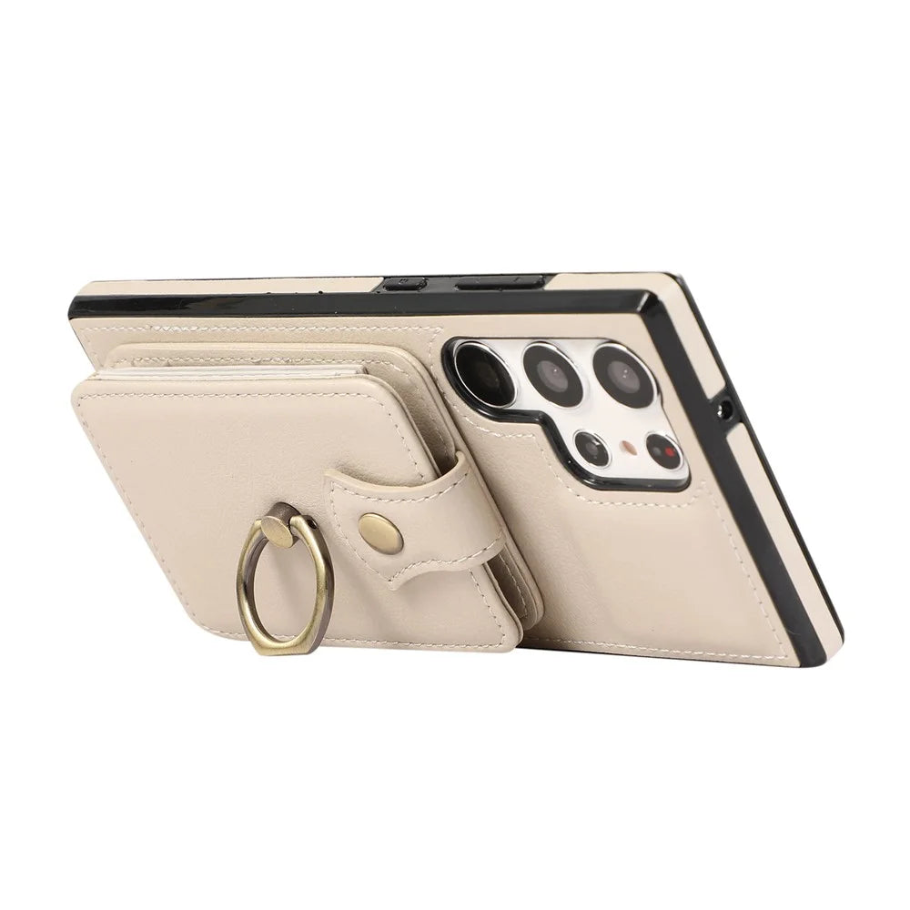 For Samsung Galaxy S25 Ultra Case Card Holder Ring Kickstand TPU + PU Leather Phone Cover with Long Strap - Beige - 2