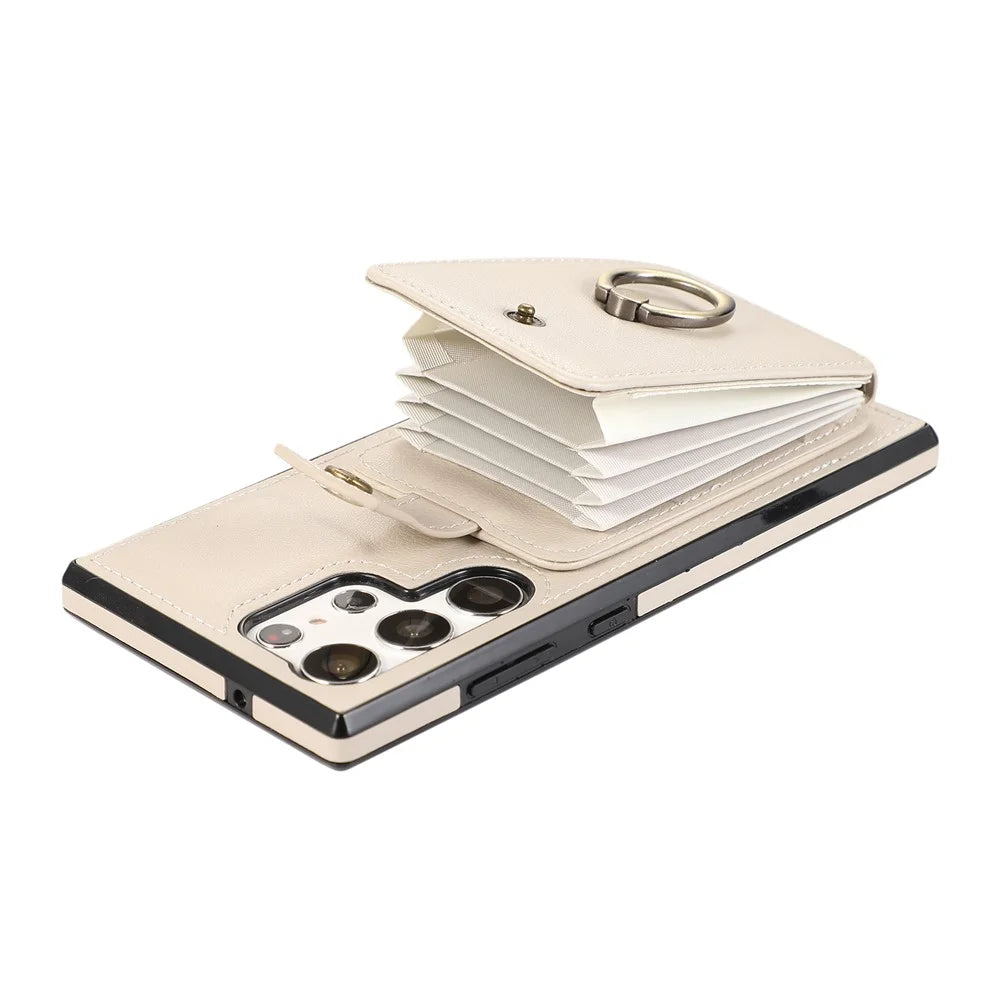 For Samsung Galaxy S25 Ultra Case Card Holder Ring Kickstand TPU + PU Leather Phone Cover with Long Strap - Beige - 4